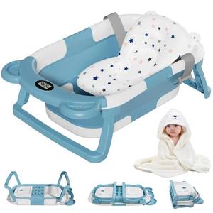 lot 11899 image: MoreFeel Collapsible Baby Bathtub for Newborn with Thermometer and 1 Hooded Towel and 1 Soft Floating Cushion,Portable Travel Bathtub with Drain Hole, Durable Foldable Baby Tubs for Infants to Toddler