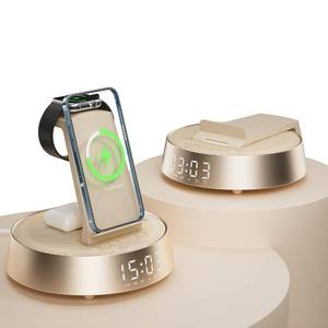 lot 11900 image: Alarm Clock with Wireless Charging Station, Clock for Bedroom with Night Light Bluetooth Speaker, Wireless Charger Dock Station for iPhone 17 16 15 14 13 12 Pro Max, Apple Watch 11, AirPods 3 (Beige)