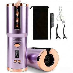 lot 11911 image: Cordless Automatic Curling Iron, 6 Temp Settings, All Hair Types, 6500mAh Max Battery, Type-C Fast Charge, Ceramic Ionic Hair Curler for Travel and Outdoor Use, AntiScald Auto Shut Off(150-200 ) Purple (Used)