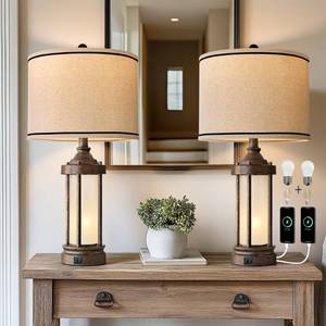 lot 11921 image: 25ftft Table Lamps Set of 2 for Living Room Bedroom Farmhouse Metal Lamps with 2 USB Ports, Built-In Frosted Glass Night Light Vintage Industrial Nightstand Bedside Lamp, 4 Bulbs Included, Bronze