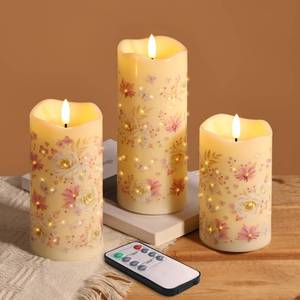 lot 11930 image: Eywamage Fiber Optic Flameless Pillar Candles with Remote, Floral Butterfly Spring LED Candles Flickering Home Decor Gift Set of 3