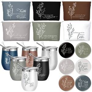 lot 11945 image: Fumete 6 Sets Christian Gifts Set for CNA Week 12 oz Bible Verse Cups with Lid and Straw Church Tumbler with Religious Cosmetic Bags Mirrors for Women Nurse Employee Volunteer, Skinny