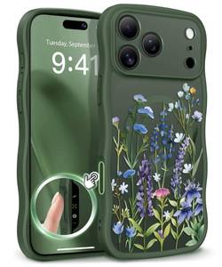 lot 12254 image: GVIEWIN for iPhone 17 Pro Max Case Compatible with MagSafe Curly Wave EdgeFull Camera Protection Floral Translucent Shockproof Magnetic Women Phone Case for 17 Pro Max, Sweet PosyForest Green
