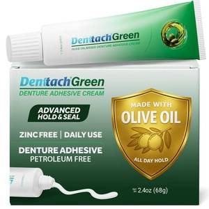 lot 12288 image: Denttach Green Denture Adhesive, Petroleum Free Olive Oil Based Denture Cream for Full and Partial Dentures, All Day Secure Hold Premium Denture Glue, Zinc Free, 2.4 Ounce (Slightly Used)