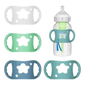 lot 12331 image: 4 Pack Baby Bottle Holder for Dr Brown Wide-Neck Bottle with Easy Grip Handles Soft Silicone Star-Shaped Bottle Holder for Baby Self Feeding - BPA-Free (White Pink Purple Green)