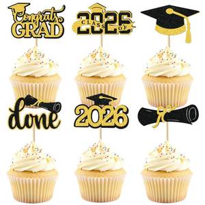 lot 12347 image: Gold Graduation Cupcake Toppers 2026, 36pcs Glitter Cupcake Toppers for Class of 2026 Party Decoration Cap Diploma Done Congrats Grad Picks for Food Dessert Graduation Party Supplies