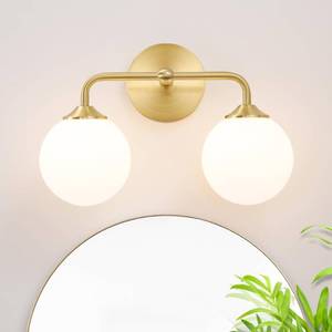 lot 13627 image: Modern Gold 2-Lights Bathroom Light Fixtures, Brass Vanity Light with Milky White Globe Glass Shade, Elegant Vanity Light Fixtures over Mirror, Wall Sconce Light for Bathroom, Mirror, Dressing Table