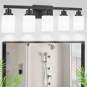 lot 13631 image: DIKAIDA Bathroom Vanity Light, 5-Light Vanity Lighting Fixture Over Mirror for Bathroom, 30in Matte Black Wall Light Fixture, Wall Sconces with Frosted Glass Shade for Mirror Bedroom Living Room