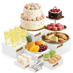 lot 13642 image: HSYUHZFW 7PCS Buffet Risers Large,10in 9in 8in 7in 6in 5in 4in Acrylic Food Risers for Buffet Table, Hollow Bottoms Dessert Table Display Set for Party Jewelry Collectibles, White