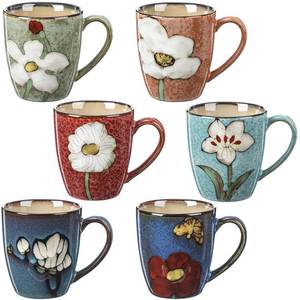 lot 13652 image: Maxdot 6 Pcs 12oz Ceramic Coffee Mugs Sets Glazing Process Cappuccino Mug Floral Ceramic Tea Cups Motherfts Day Idea Gift for Women Mom Porcelain Cup for Coffee, Cocoa, Tea, Latte (Retro)
