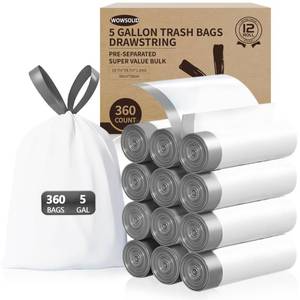 lot 13657 image: 5 Gallon Trash Bags Drawstring, 360 Count 1.2 Mil Thick Garbage Bags by WOWSOLID, Fit Liners 15-20 Liter, 4.5-5.5 Gal, Trash Can Bin for Bathroom, Kitchen, Bedroom, Office