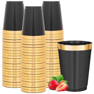 lot 13658 image: supernal 100pcs Black and Gold Plastic Cups 10oz Disposable Cups with Gold Rim, Elegant Black Plastic Cocktail Glasses for Wedding, Birthday, Parties