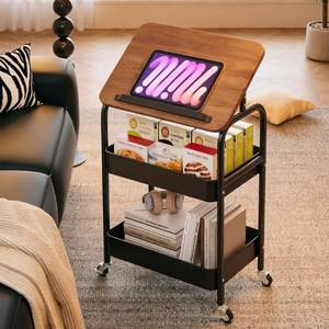 lot 13659 image: LIYAOLI Rolling Desk with Wheels, 3 Tier Rolling Cart with Tablet Stand, Mobile Bedside Desk and Storage Organizer for Small Spaces, Bedroom, Dorm, Home Office (Black)