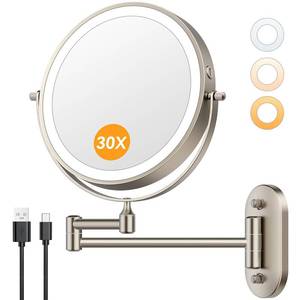 lot 13667 image: Auxmir 1X30X Wall Mounted Lighted Makeup Mirror, 8in 3200 mAh Rechargeable Double-Sided Magnifying Mirror, Touch Dimmable 3 Color Lights, 360° Rotating Foldable 14.5in Extension Arm, Brushed Nickel