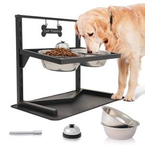 lot 13678 image: Grand Line Elevated Dog Bowls - 7 Height Adjustable, 10 Tilted Raised Stand With Spill Proof Mat, Two 1.5L Stainless Steel Food Water Bowls for Large Medium Small Dogs (15.4in H)