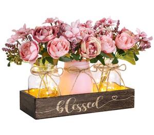lot 14139 image: Fancyplus 3 Pcs Mason Jar Centerpiece with Wood Tray and LED Light, Farmhouse Table Decor for Dining Room Kitchen Living Bathroom, Pink
