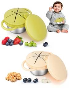 lot 14140 image: LOTBILL 2 Pack Stainless Steel Snack Cups for Toddlers Spill Proof, Toddler Snack Containers with Spill-Proof Silicone Lids and Handles, Dishwasher Safe Perfect for Mess-Free Snacking (Yellow Beige)