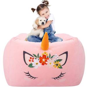 lot 14158 image: Aubliss Unicorn Stuffed Animal Storage Bean Bag Chair for Kids, Velvet Extra Soft Beanbag Chairs Cover, X-Large Stuffable Zipper Bean Bag for Organizing Plush Toys Girls Bedroom Decor, Pink Floral