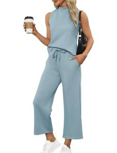 lot 14177 image: Medium Sampeel Two Piece Set for Women Summer Outfits Vacation Trendy Lounge Sets Mock Neck Matching Sets Women Clothing Wide Leg Crop Pants Set Travel Airport Sweat Set