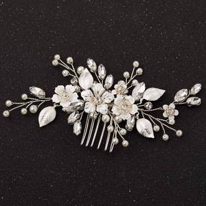 lot 14182 image: SWEETV Silver Bridal Hair Comb for Wedding Hair Accessories, Handmade with Crystals, Pearls, and Leaves, 4.72 x 2.75 inches, for Brides, Women
