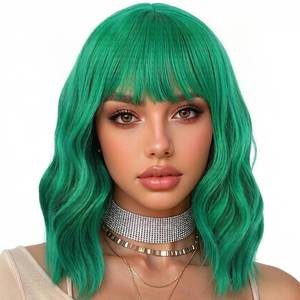 lot 14210 image: eNilecor Green Wig, Colored Green Bob Wigs for Women, Short Curly Wavy Wig with Bangs, Shoulder Length Natural Looking Heat Resistant Synthetic Wigs for Party, Cosplay, Fun, Daily Wear