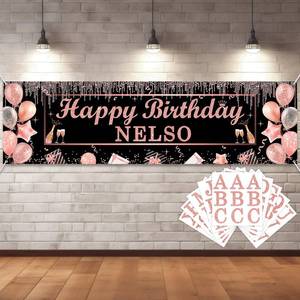 lot 14218 image: Lonfliness Personalized Birthday Banner Happy Birthday Party Decor Custom DIY Rose and Gold Black Birthdays Backdrop with Name Alphabet Letter Sticker Happy Birthdays Sign Party Supplies for Men Women