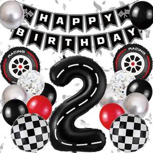 lot 14219 image: Race Car Birthday Party Decorations, with 40 Inch Racetrack Black Number 2 Balloon, Happy Birthday Banner and Foil Tire Balloon for 2nd Racing Theme Birthday Party Decor