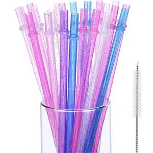 lot 14234 image: Hestya 25 Pcs Glitter Reusable Plastic Straws 9 Inches Long Hard Plastic Straws with Brush 6 Colors Translucent Replacement Drinking for 16oz-30 oz Tumblers