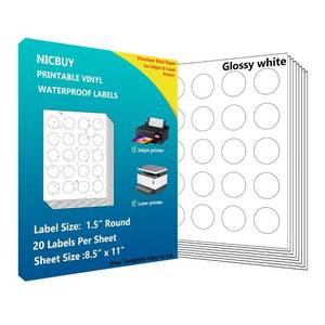 lot 14238 image: Nicbuy 500 Printable Glossy White 1.5 inch Round Labels, Waterproof Vinyl Sticker Labels for Inkjet or Laser Printer