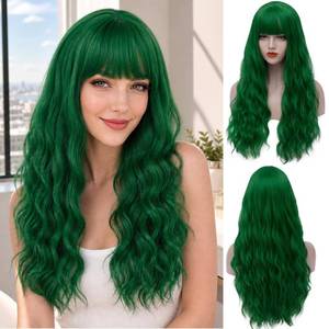 lot 14243 image: Sallcks Womens Long Curly Wavy Green Wig with Bangs Synthetid Heat Resistant Halloween Cosplay Costume Wigs