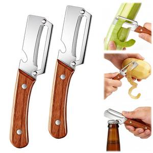 lot 14265 image: 2pcs Premium Vegetable Peeler with Wooden Handle and Bottle Opener, Multifunctional Vegetable Peelers Knife for Kitchen, Ultra-Sharp Stainless Steel Peeler for Fruit Apple Potato Pumpkin Papaya