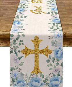 lot 14276 image: Pudodo Boy Baptism Table Runner God Bless First Holy Communion Christening Baby Shower Party Kitchen Dining Home Decoration (13in x 72in, Blue)