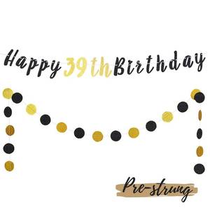 lot 14278 image: LASKYER Happy 39th Birthday Decoration Set - 39th Bday Banner with Black and Gold Glitter Circle Dots Cheers to 39 Years Old Birthday Party Decorations.Pre - Strung