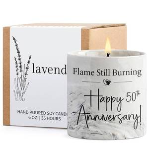 lot 14279 image: 50th Anniversary Candle - 50th Wedding Anniversary Present for Couple and Parents, 50 Year Aniversario Gifts for Men, Women, Wife,Husband - 6 Oz Lavender Candle
