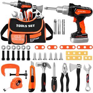 lot 19299 image: Premium Kids Tool Set, Portable Carrying Bag with Battery Powered Toy Drill, Easy-Grip Pretend Play Toddler Tool Kit, Construction Toys for Boys and Girls Age 3-8, STEM Gifts (Open Box, May Be Missing Pieces)