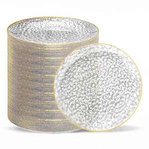 lot 19302 image: Rubtlamp 100 Pcs Clear Gold Plastic Plates, Hammered Party Plates, Clear Disposable Dessert Plates,Clear Gold Plates 7 Inch, Gold Plastic Dessert Plates Disposable For All Occasions