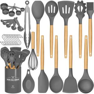 lot 19312 image: Umite Chef Kitchen Cooking Utensils Set, 33 pcs Non-stick Silicone Spatula Set with Holder, Woodle Handle Heat Resistant Gadgets Utensil (Gray)