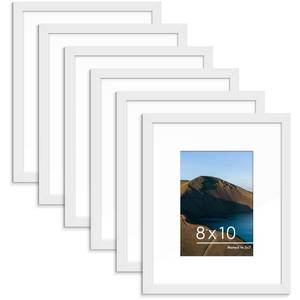 lot 19316 image: PEALSN 8x10 Picture Frame Set of 6, Display Pictures 5x7 with Mat or 8x10 without Mat for Wall Mounting or Table Top Display, Photo Frames Collage for Wall Decor, White.