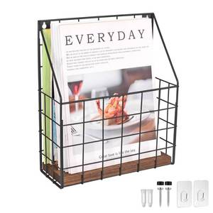 lot 19317 image: Mail Holder Magazine Basket - 1 Pack Black Wall Mount File Organizer Rack of Wooden Style with Adhesive Mounting - Metal Wire Hanging Sorter for Document Folders Newspaper Clipboard Brochure Display