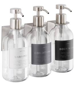 lot 19321 image: Shower Shampoo Dispenser Wall Mounted � 3 Refillable 16.9 oz Clear Bottles with Stainless Steel Pumps and No-Drill Adhesive Holders � Soap Dispenser Set for Bathroom (3 X ClearSilver)