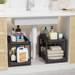 lot 19342 image: Bamboo Under Sink Organizer Adjustable Height 2 Tier Bathroom Organizer Pull Out Cabinet Storage Kitchen Heave Duty Wood Slide Ou Shelf for Kitchen Bathroom (Black, 2 Packs) (Black, 2 Packs)