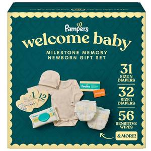 lot 19344 image: Pampers Gift Set, Disposable Diapers, Sensitive Wipes, and Milestone Gifts