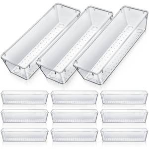 lot 19345 image: Maitys 12 Pcs Clear Drawer Organizer 9 x 3 x 2 Inches Plastic Rectangle Trays Makeup Vanity Storage Bins and Kitchen Drawers Dividers for Office Desk Silverware Kitchen Utensils(Clear)