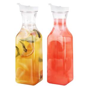 lot 19348 image: GUSTO 50 oz - 2 Pack Plastic Carafe with Lid, Large Capacity Square Base - Clear Pitcher with Flip Top Lid, Easy-Pour Spout Juice Containers with Lids, Hand Wash Only - Perfect for Mimosa Bar