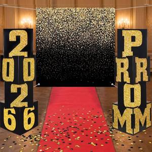 lot 19385 image: Yexiya 10 Pcs Prom Column Standup Photo Booth Decorations Set 2026 Prom Backdrop Balloon Boxes Cardboard Decoration Column with Background Banner Red Carpet for Party College (Black Gold)