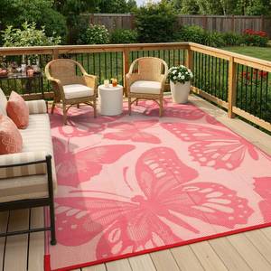 lot 19386 image: Wonnitar 8x10 Outdoor Rug, Large Waterproof Reversible Outdoor Patio Area Rug, IndoorOutdoor Butterfly Plastic Straw Portable Camping Rug for Outside RV Balcony Garden Deck, Pink