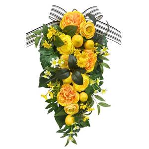 lot 19390 image: Lnymura 24 Inch Pre-Lit Lemon Swag for Front Door with 10 LED Lights Artificial Spring Summer Floral Teardrop Decoration with Striped Bow Yellow Peony for Spring Summer Farmhouse Decor Indoor Outdoor