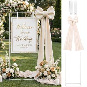 lot 19391 image: LEIFIDE Wedding Welcome Sign Stand with Giant Bow Adjustable Wedding Sign Holder with 2 Leather Hanging Straps Seating Chart Easel for Birthday Bridal Shower Home Party Decor(White)