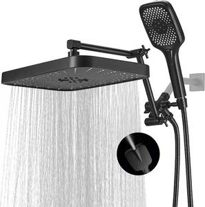 lot 19398 image: 14 Inch Large Shower Head with Handheld Spray Combo and Extention Arm, Rain Rainfall Waterfall High Pressure Shower Heads, Modern Showerhead with 3-Way Diverter - HeightAngle Adjustable(Matte Black)(Used)