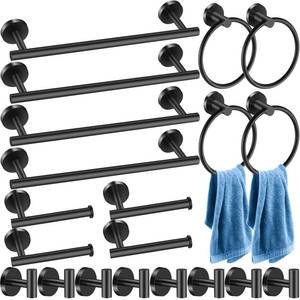 lot 19399 image: Blulu 20 Pcs Bathroom Hardware Set, Stainless Steel Towel Bar Set Includes 16 Inch Towel Bar, Hook, Ring, Toilet Paper Holder Wall Mounted Bathroom Accessories (Matte Black)